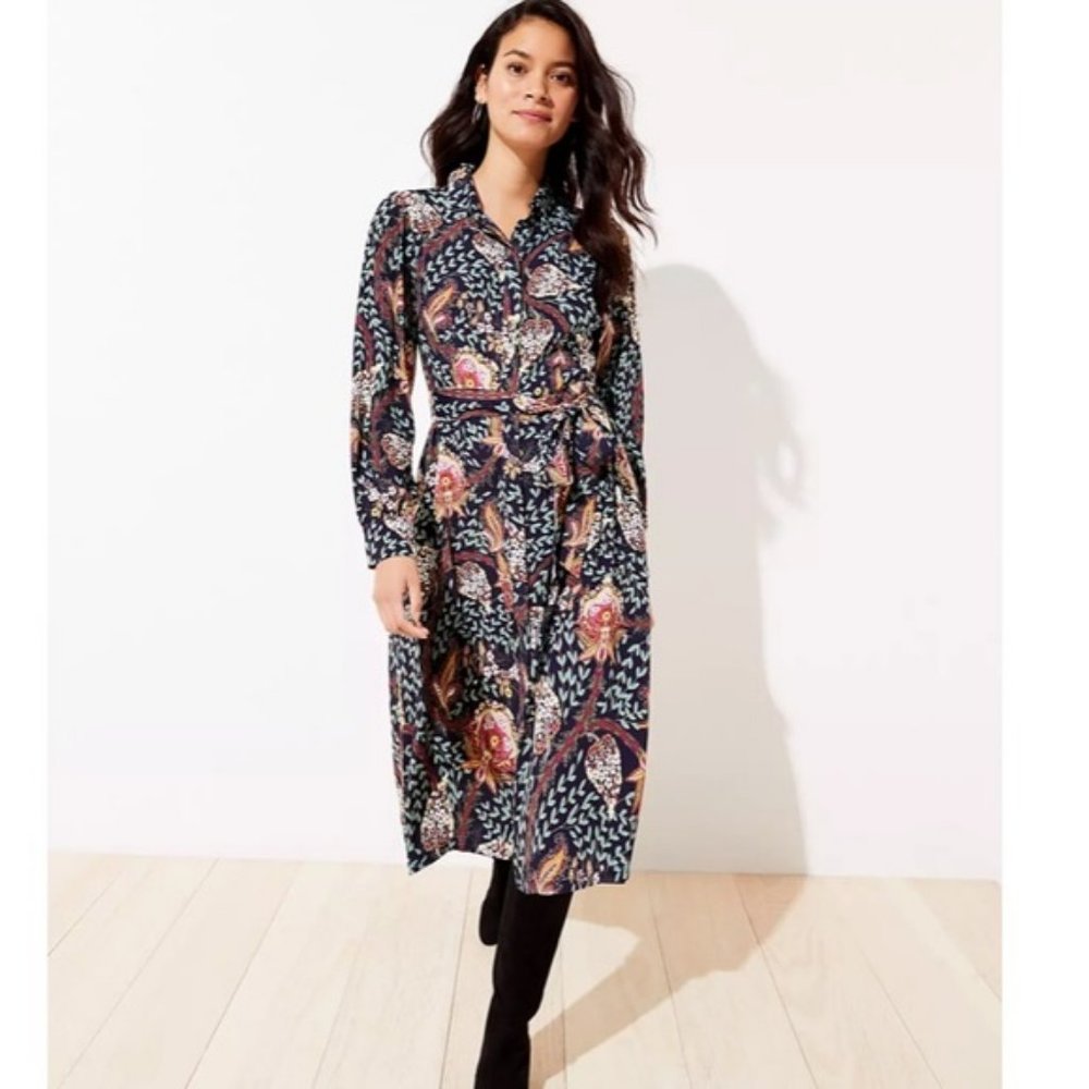 Loft Long Sleeve Button Down Tie Waist Dress - Picture 1 of 5
